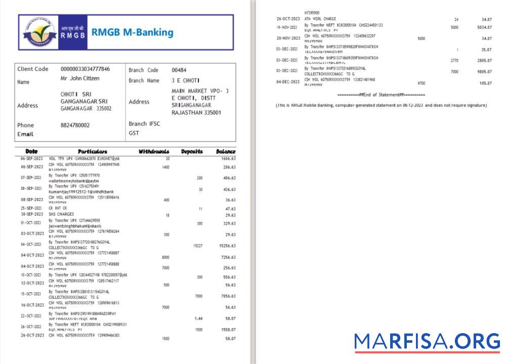 Realistic India RMGB bank statement word 2 pages real example
